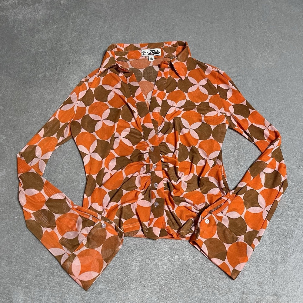 Shes So Fresh Top Womens Large Sheer Long Sleeve Orange Brown Hippie Festival